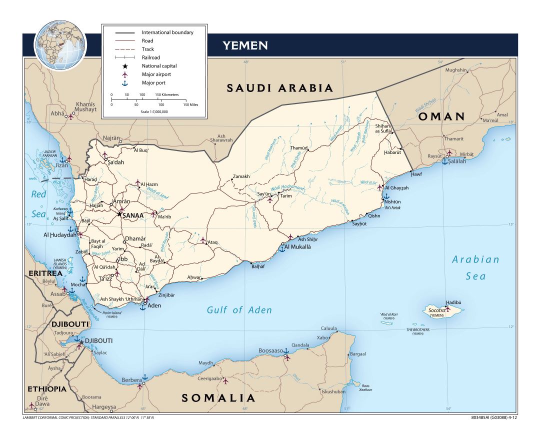 Большая политическая карта Йемена с дорогами, железными дорогами, крупными городами, портами и аэропортами - 2012