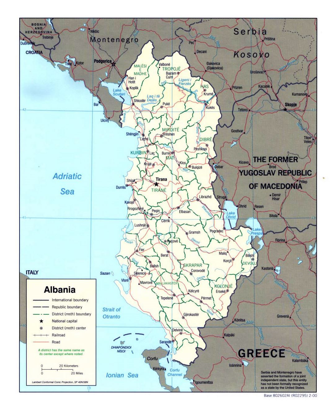 Подробная политическая и административная карта Албании - 2000