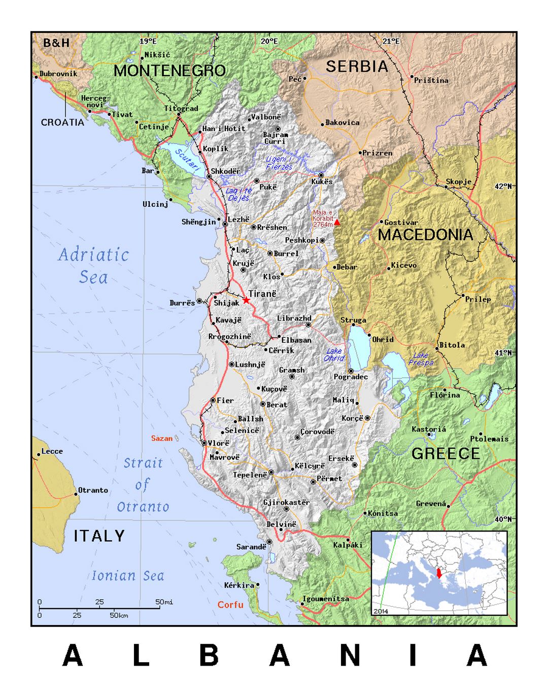 Детальная политическая карта Албании с рельефом