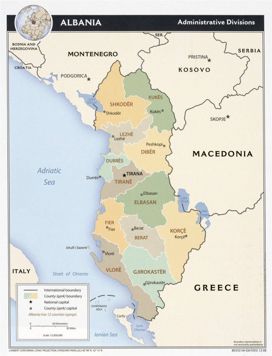 Большая подробная карта административного деления Албании - 2008