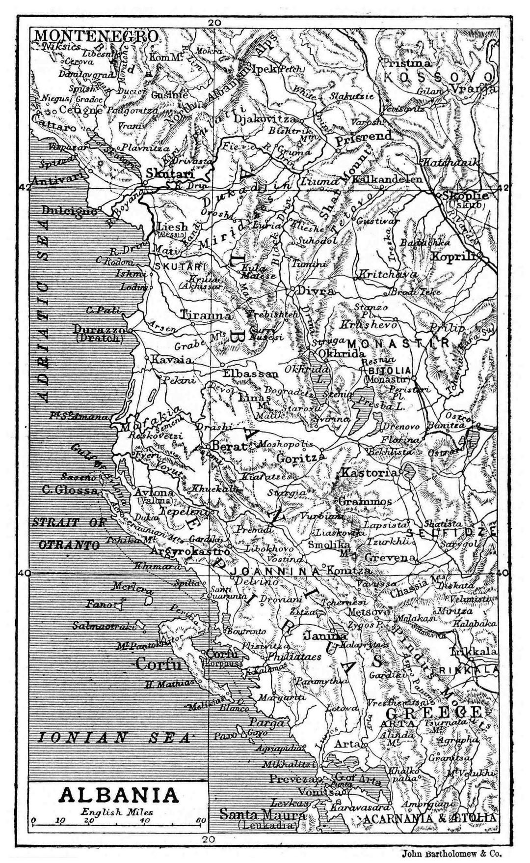 Большая подробная старая карта Албании с рельефом - 1906