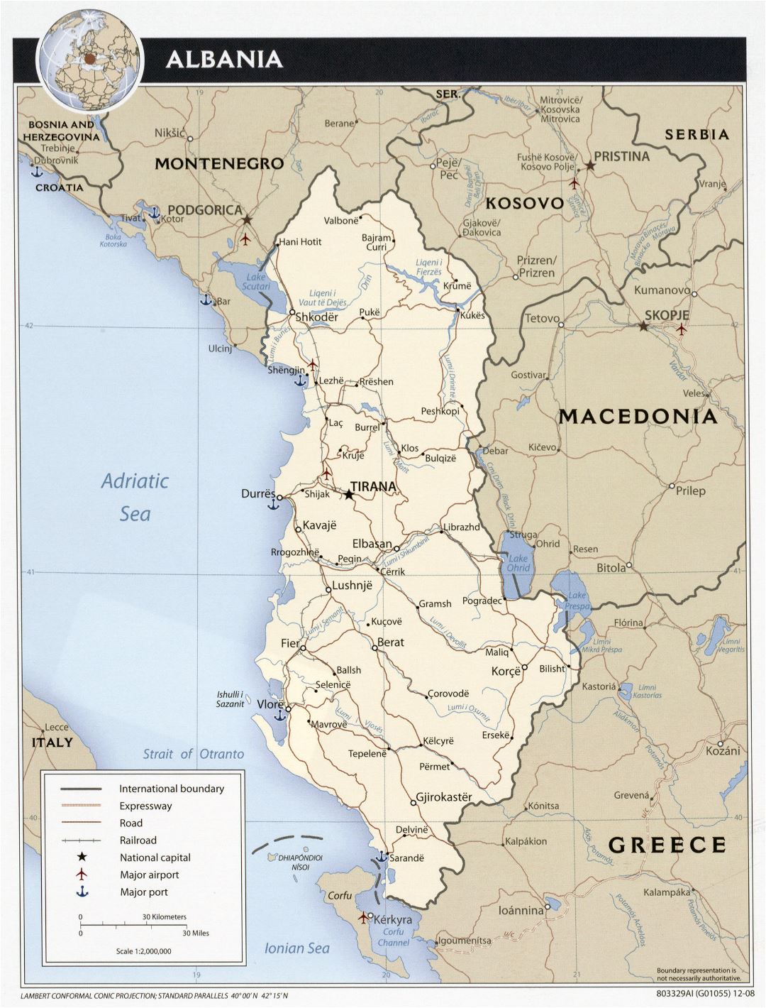 Большая детальная политическая карта Албании с дорогами, городами и аэропортами - 2008
