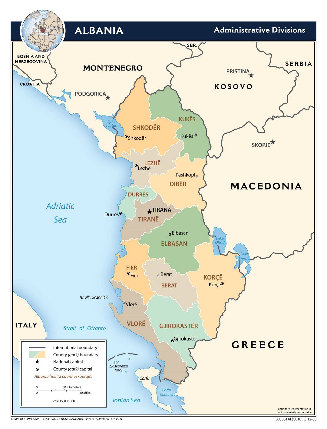Крупномасштабная карта административного устроя Албании - 2008