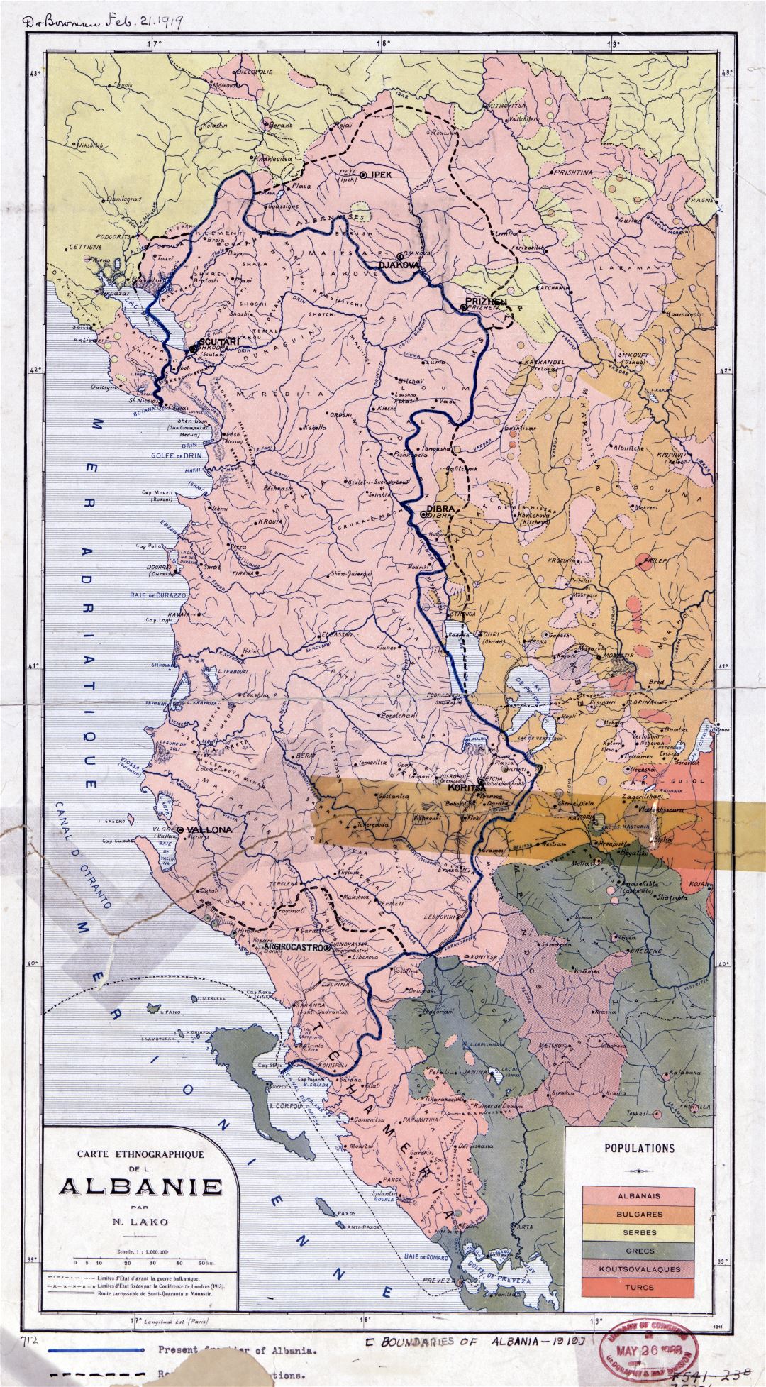 Крупномасштабная старая этнографическая карта Албании - 1918