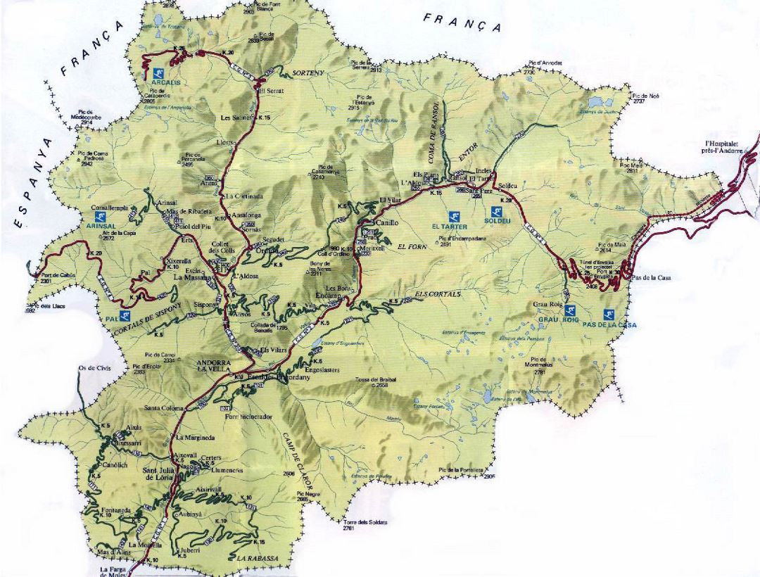 Подробная карта автодорог Андорры с рельефом