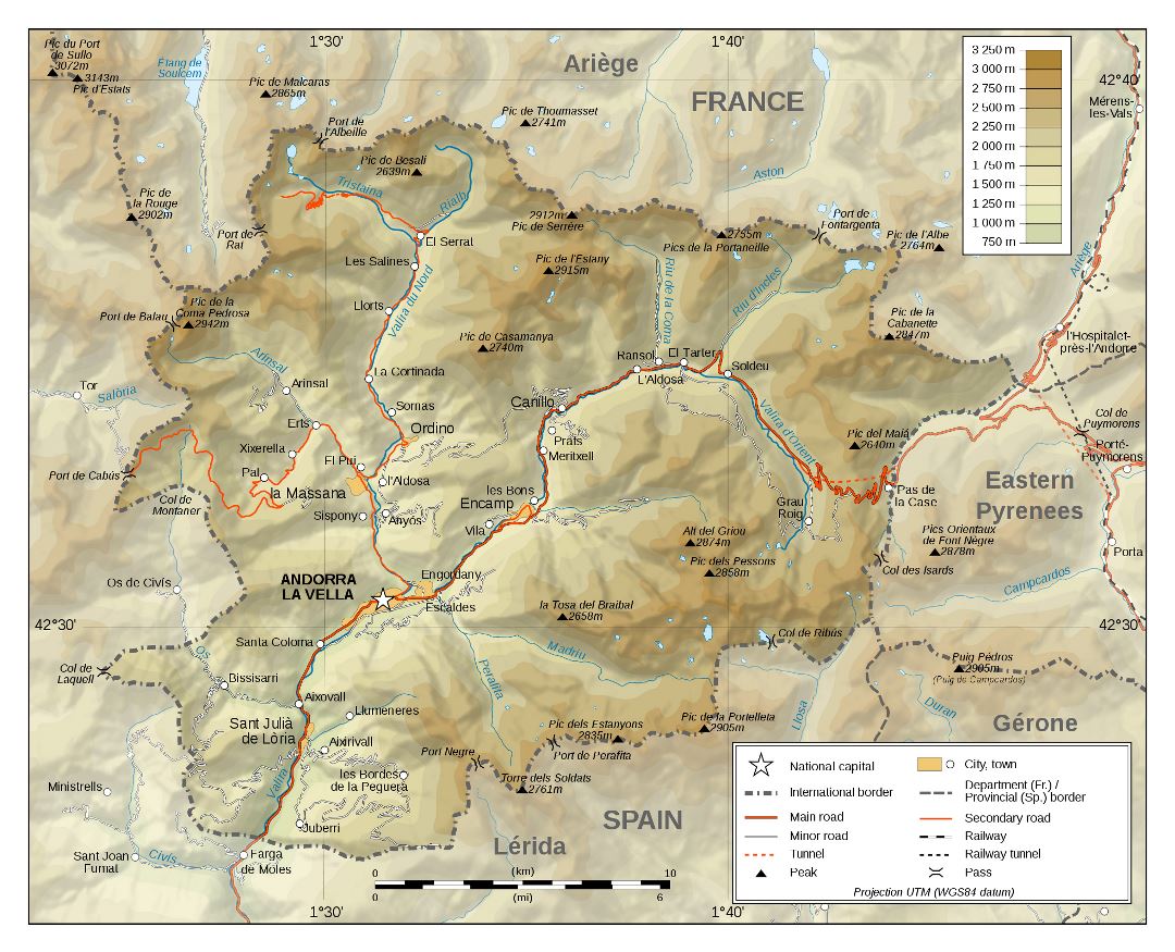 Большая детальная физическая карта Андорры
