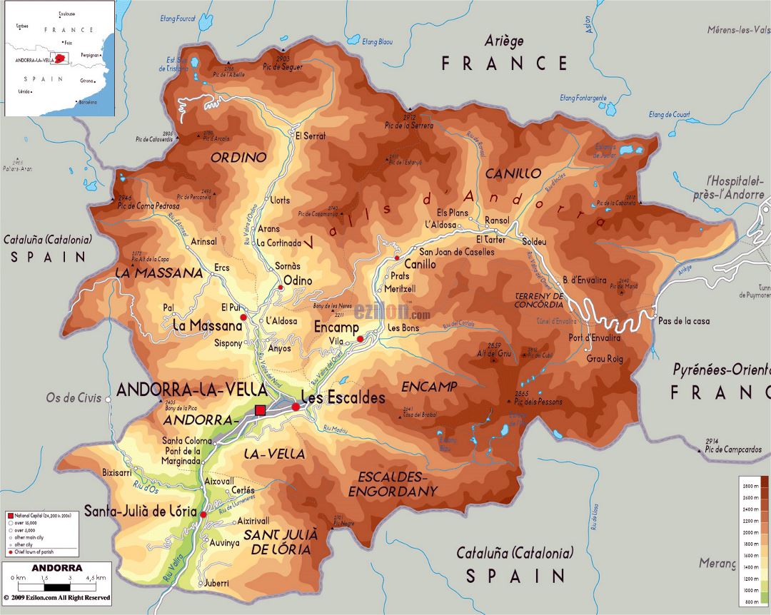 Большая физическая карта Андорры с дорогами и городами