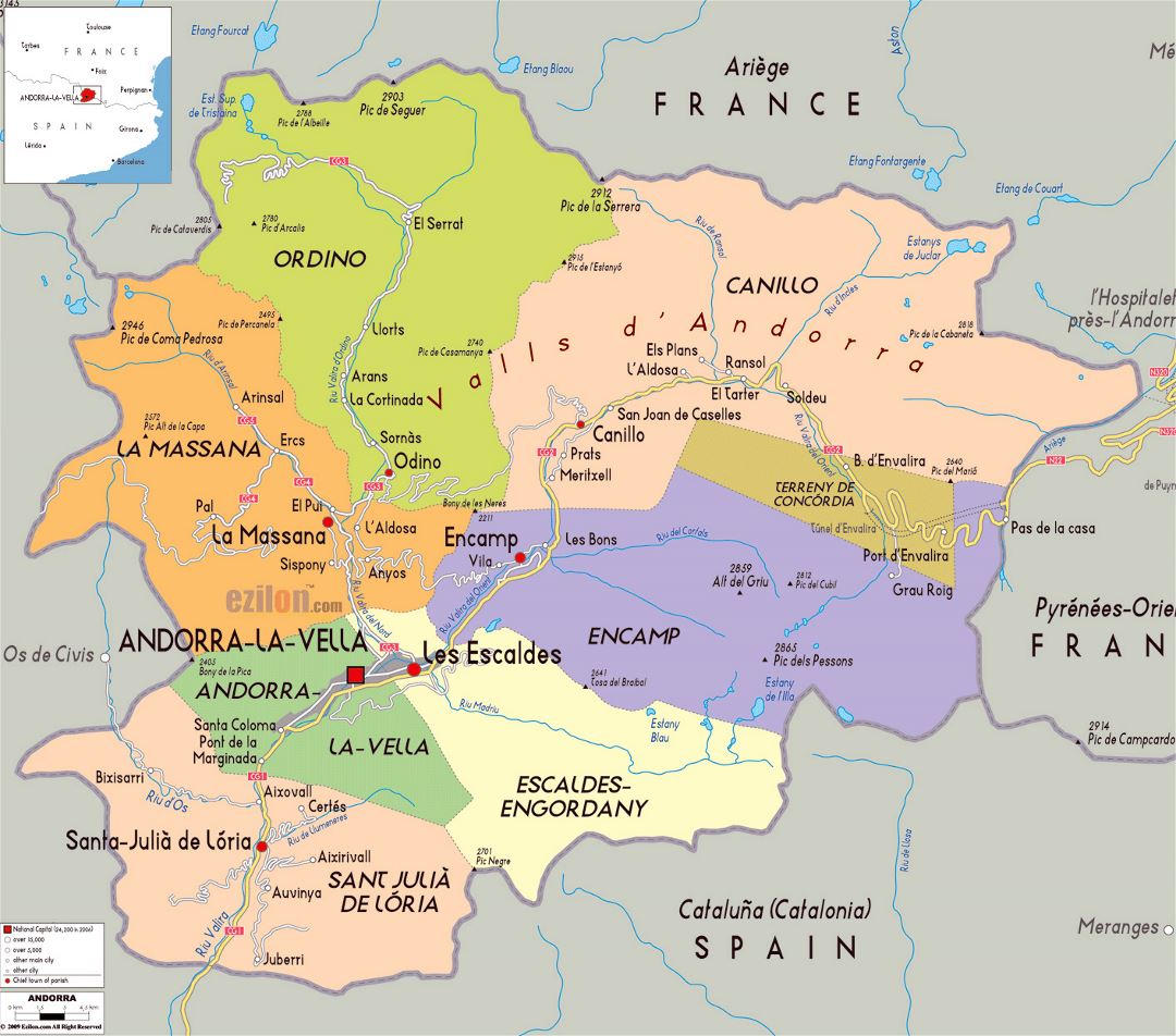 Большая политическая и административная карта Андорры с дорогами и городами