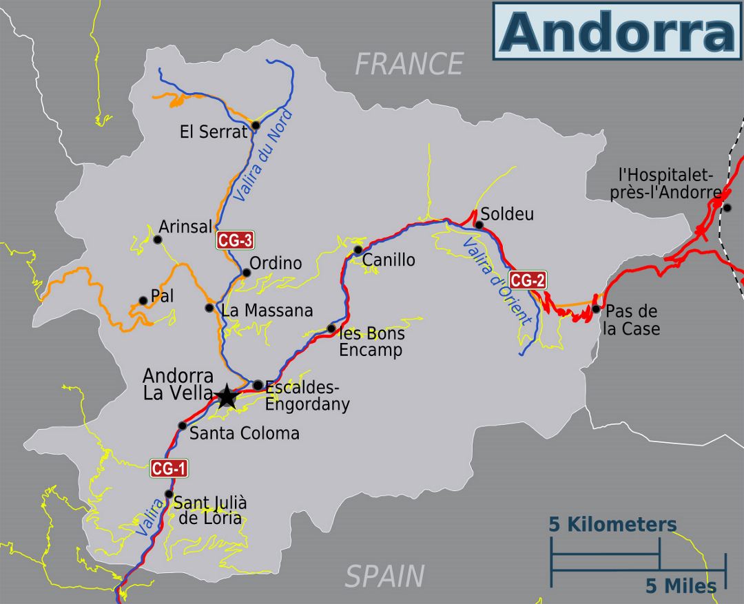 Большая политическая карта Андорры с дорогами и всеми городами