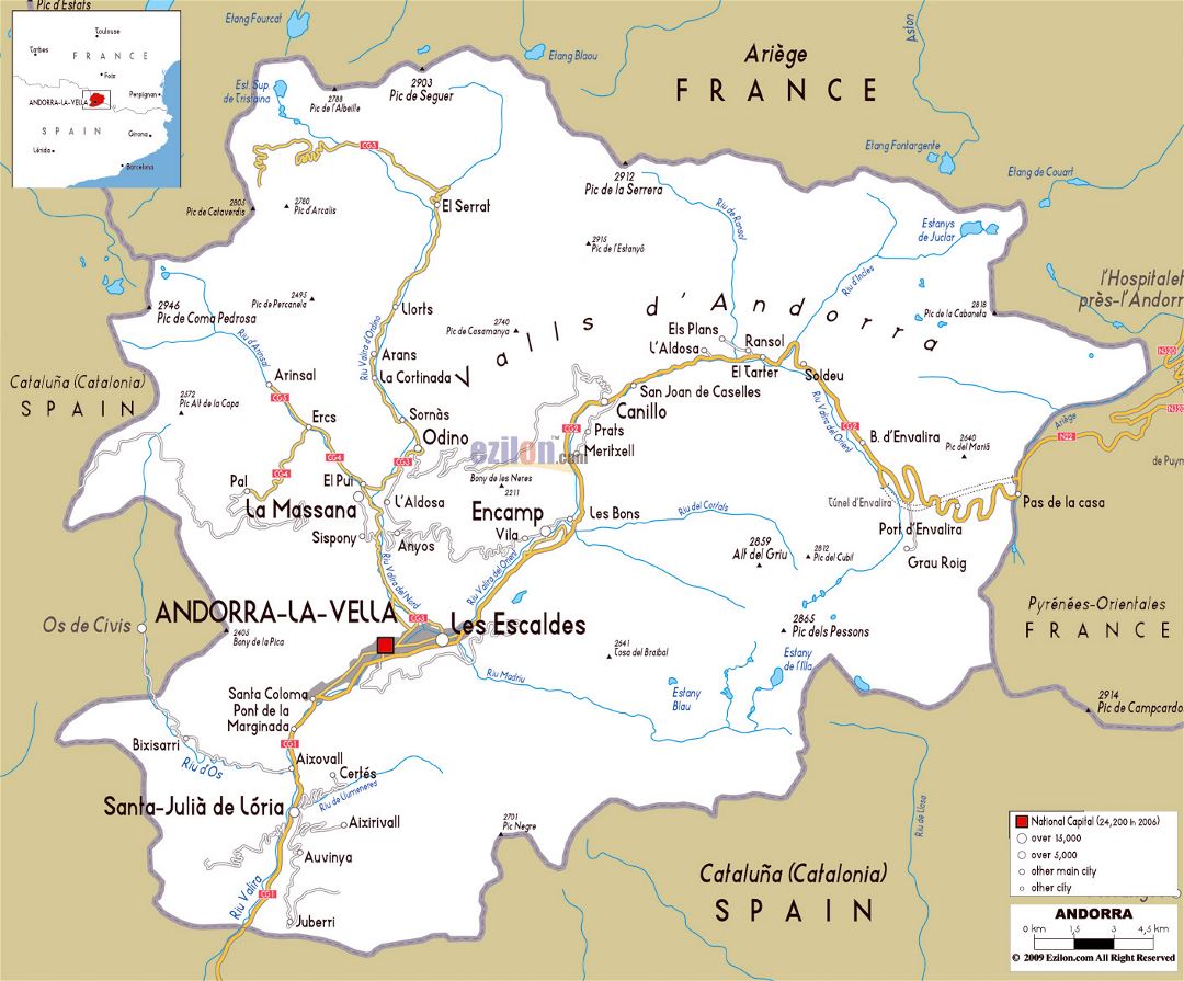 Большая карта автомобильных дорог Андорры с городами