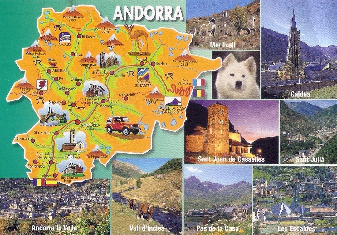 Большая туристическая карта Андорры с иллюстрациями