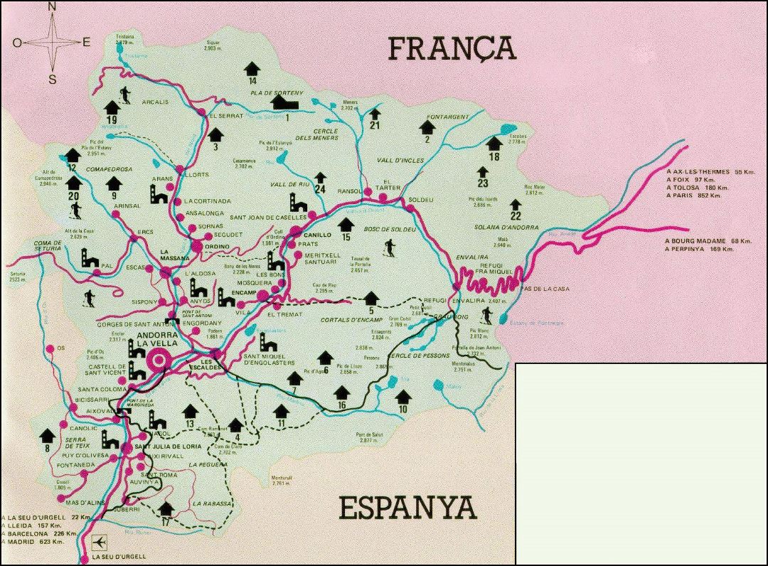 Большая туристическая карта Андорры с городами и дорогами