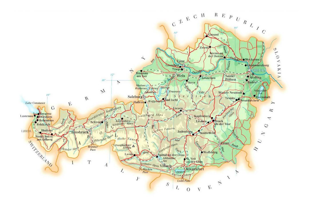 Подробная карта высот Австрии с дорогами, городами и аэропортами