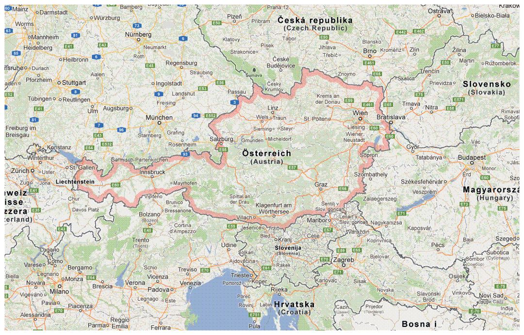 Подробная карта Австрии и соседних стран с границами