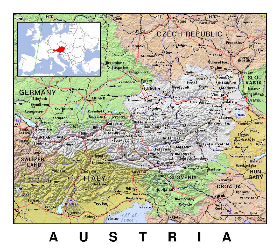 Детальная политическая карта Австрии с рельефом