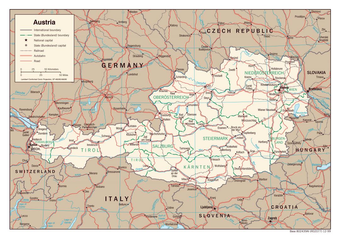 Большая детальная политическая и административная карта Австрии - 1999