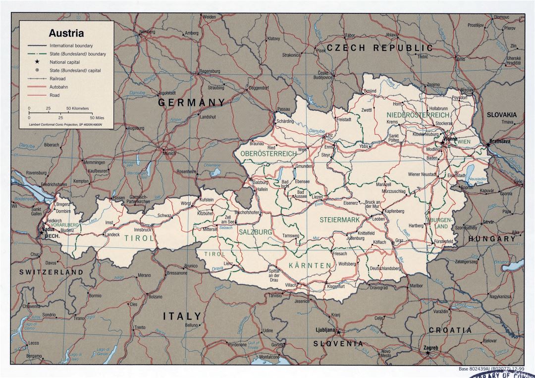 Большая детальная политическая и административная карта Австрии с дорогами, железнодорожной сетью и крупными городами - 1999