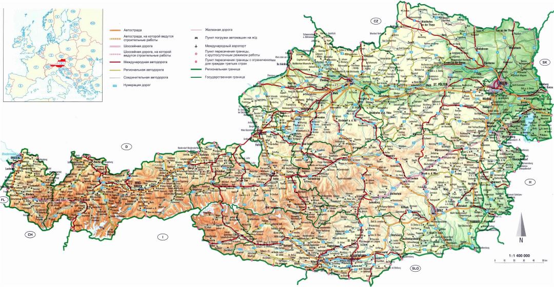 Большая детальная карта автомобильных дорог Австрии с рельефом