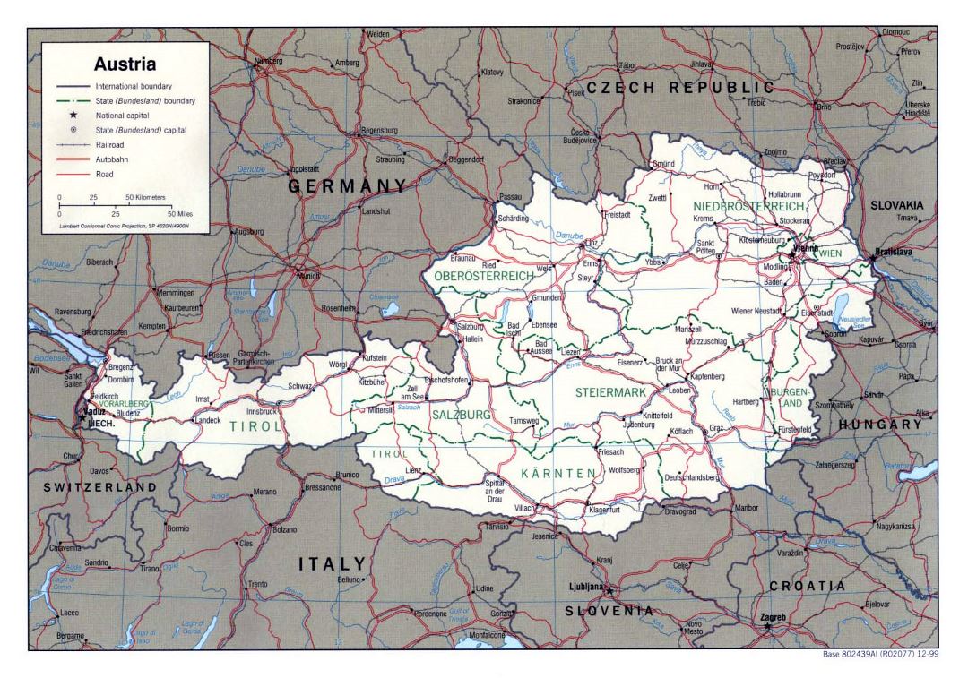 Большая политическая и административная карта Австрии с дорогами и городами - 1999