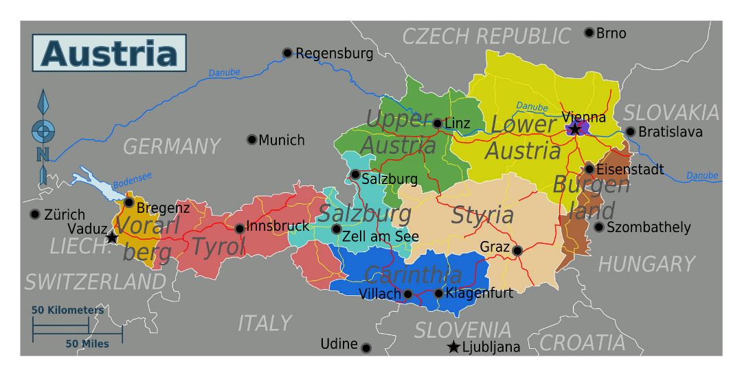 Большая карта регионов Австрии