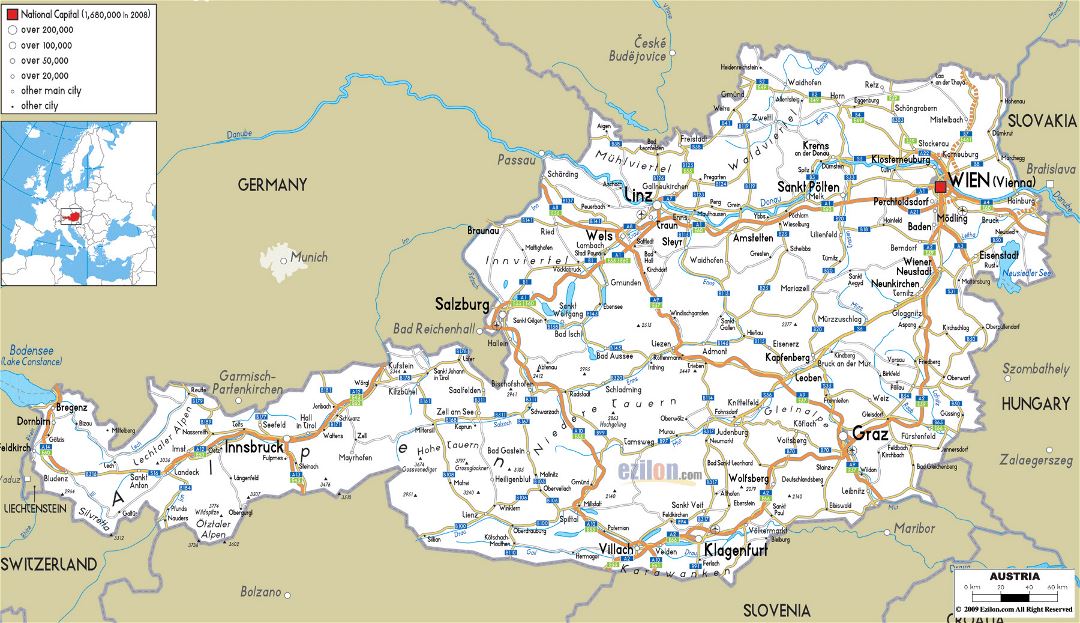 Большая автодорожная карта Австрии с городами и аэропортами