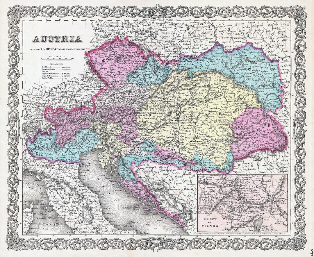 Крупномасштабная старая политическая и административная карта Австрии с рельефом - 1855