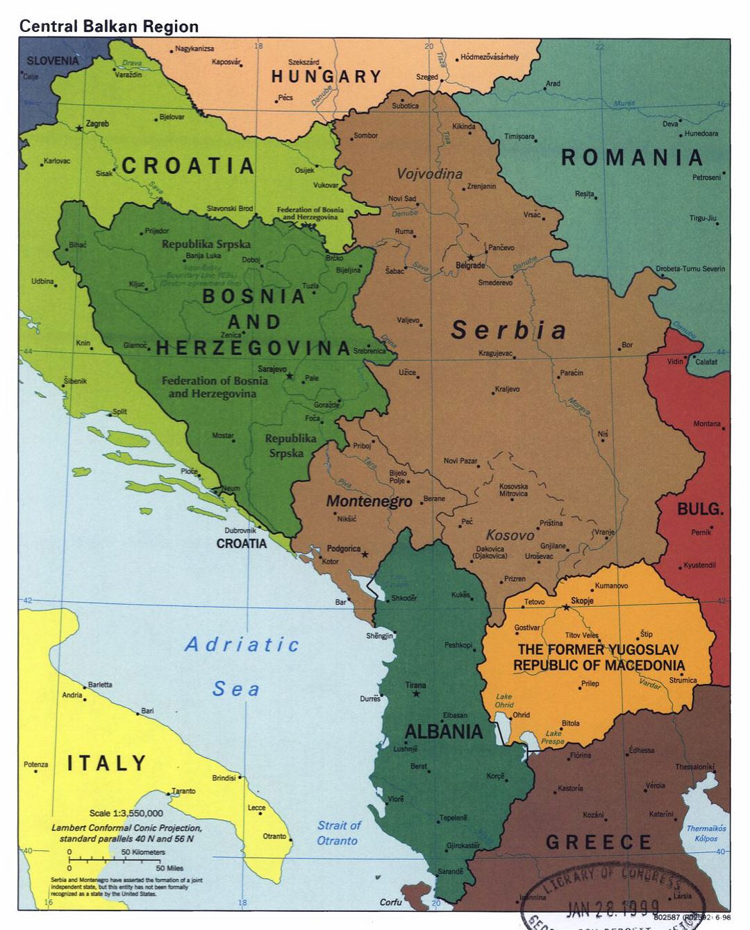 Детальная политическая карта Центральных Балкан с крупными городами - 1998
