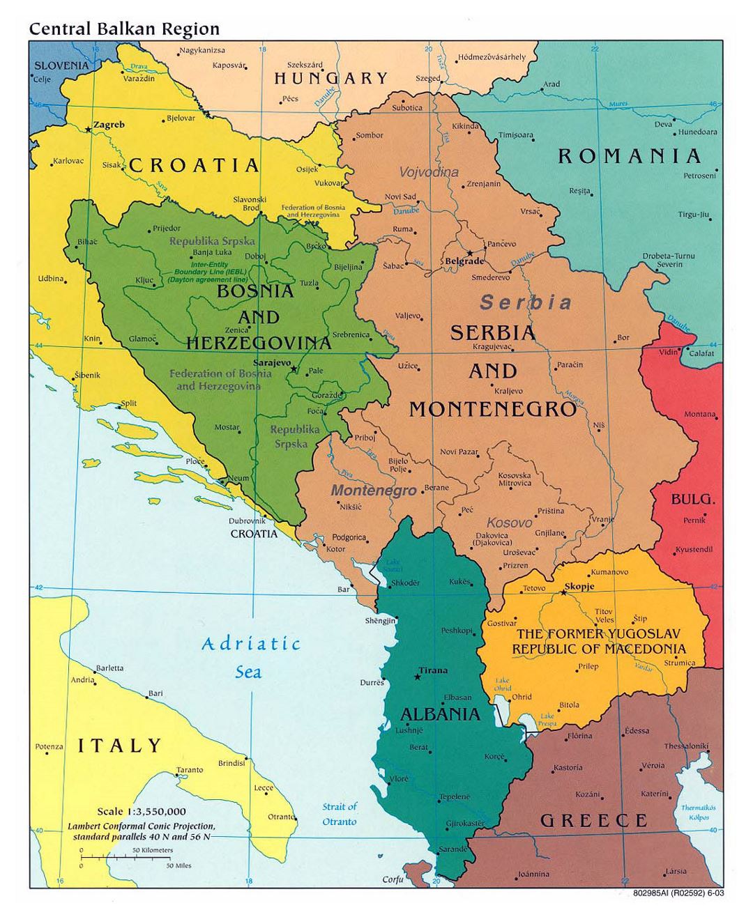 Детальная политическая карта Центрально-Балканского региона с крупными городами - 2003