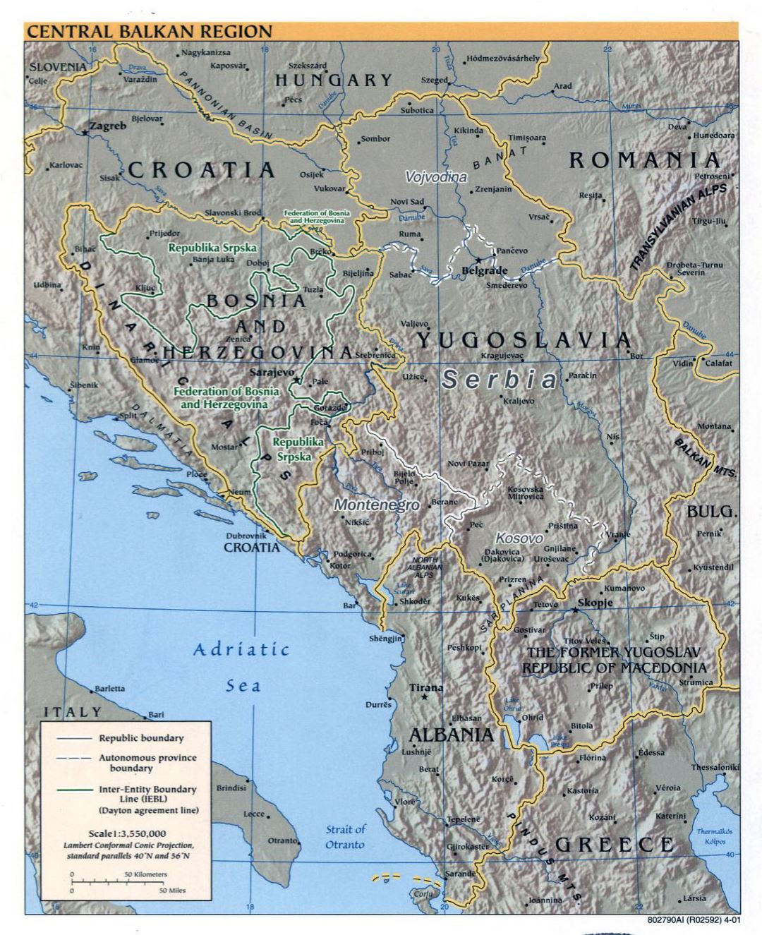 Детальная политическая карта Центральных Балкан с рельефом и крупными городами - 2001