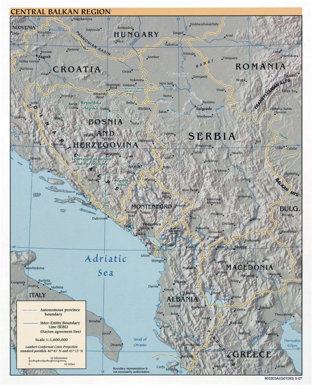 Большая детальная политическая карта Центральных Балкан с рельефом и крупными городами - 2007