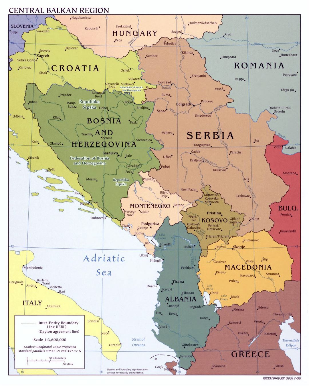 Большая политическая карта Центральных Балкан с крупными городами - 2008