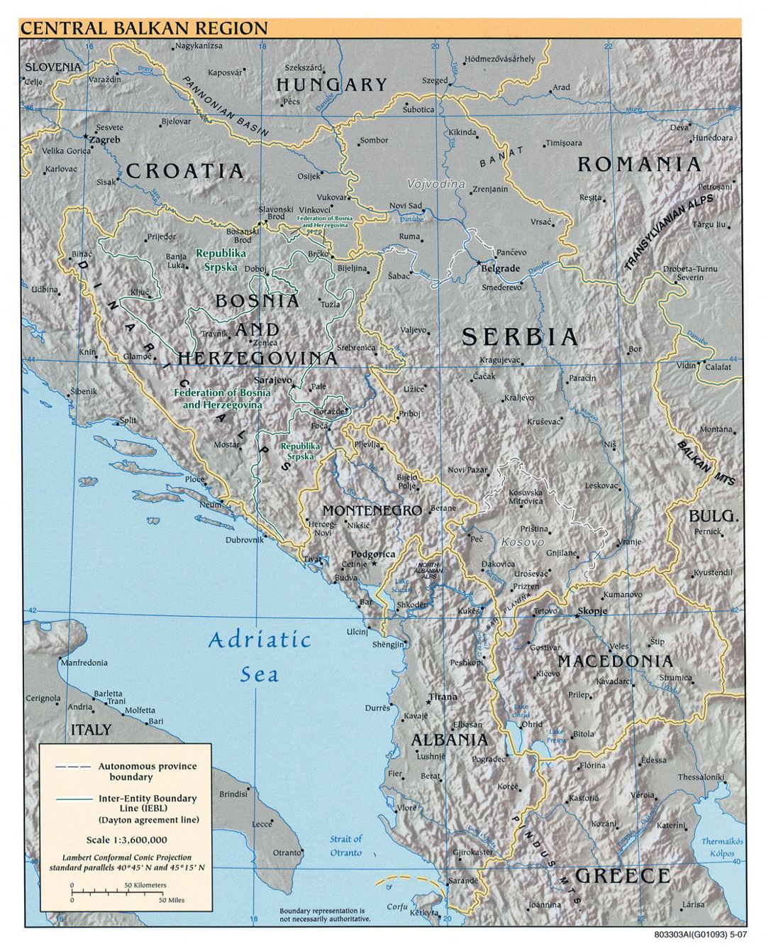 Большая политическая карта Центральных Балкан с рельефом и крупными городами - 2007