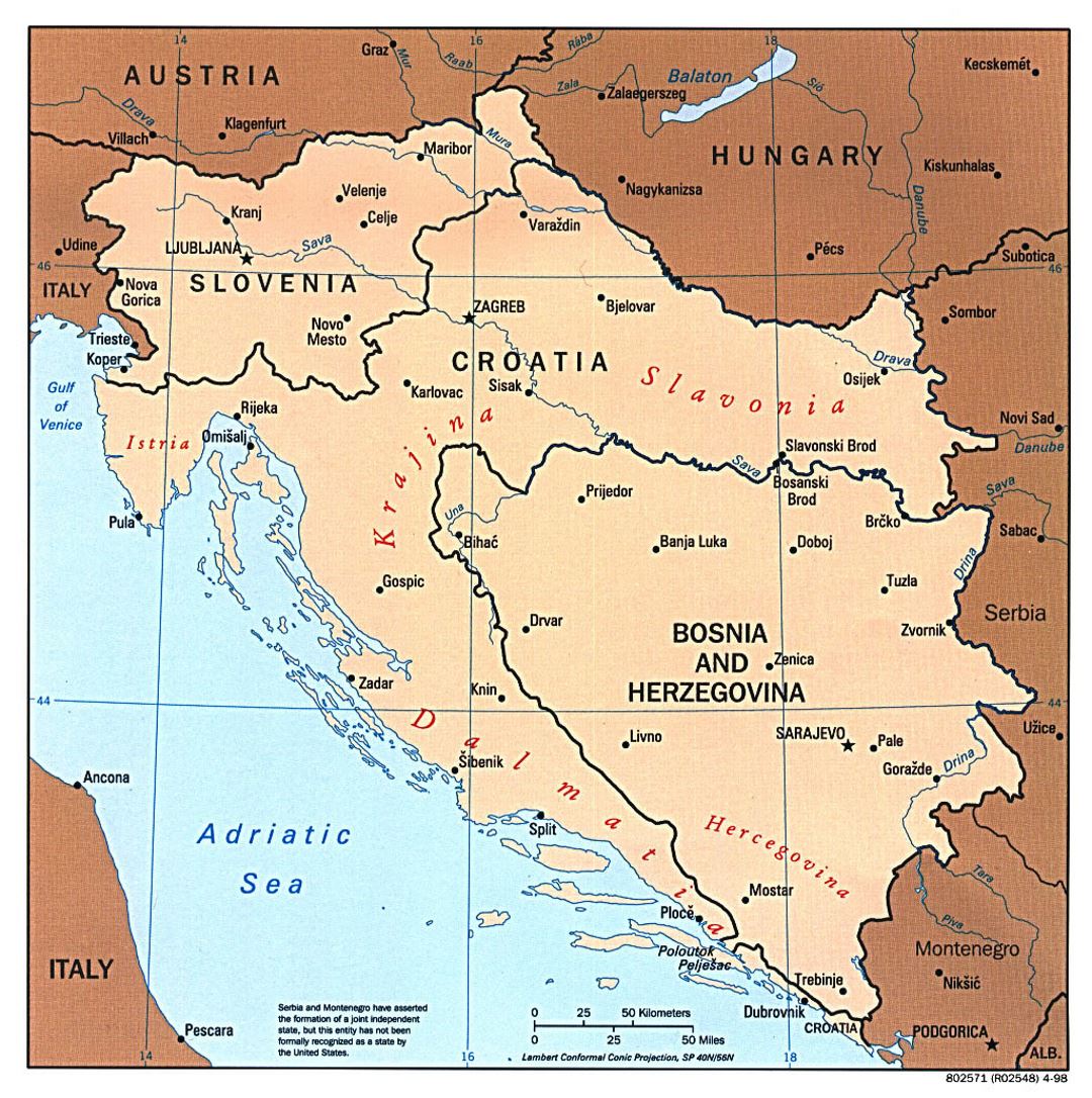 Большая политическая карта Западных Балкан с большими городами - 1997