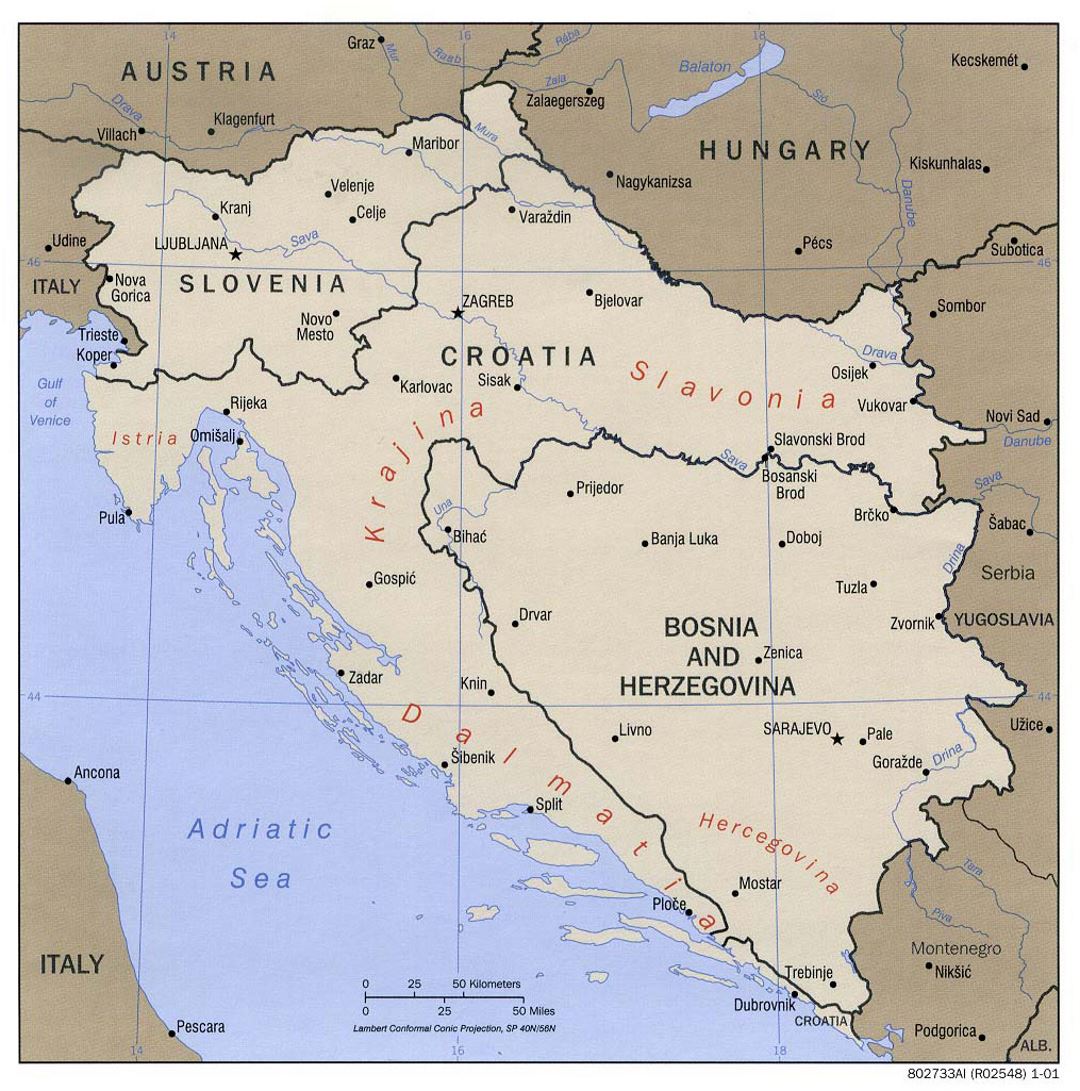 Большая политическая карта Западных Балкан с крупными городами - 2001