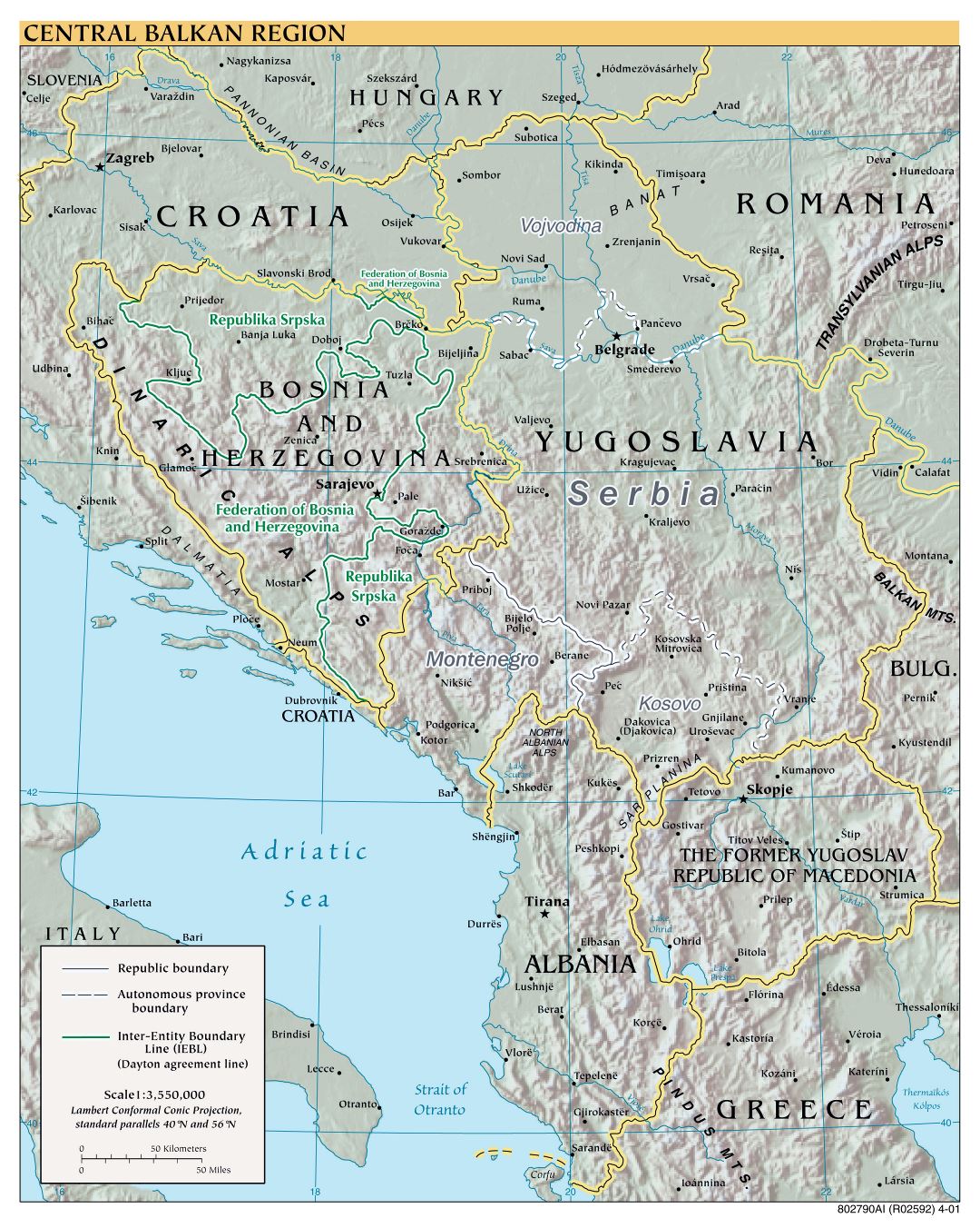 Крупномасштабная политическая карта Центральных Балкан с рельефом - 2001