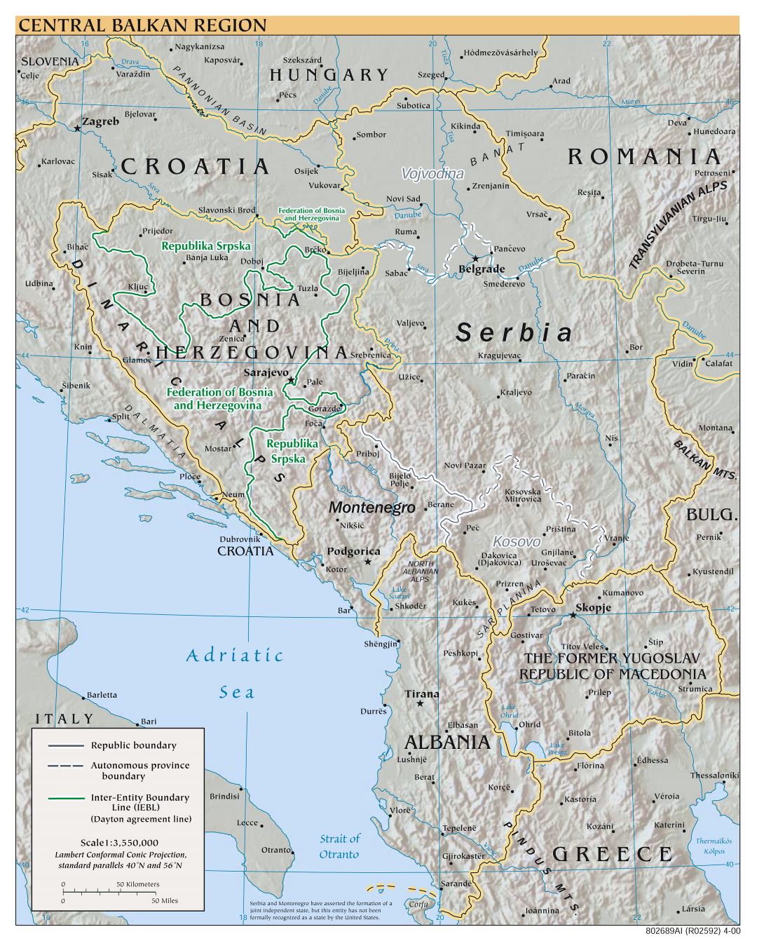 Крупномасштабная политическая карта Центральных Балкан с рельефом и крупными городами - 2000