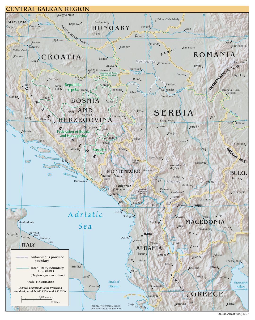 Крупномасштабная политическая карта Центральных Балкан с рельефом и большими городами - 2007