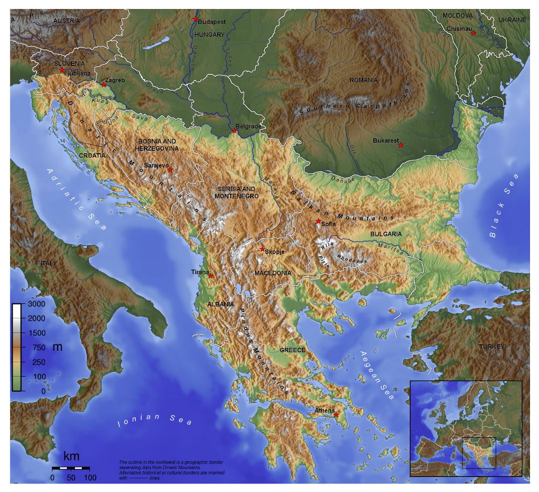 Большая топографическая карта Балкан