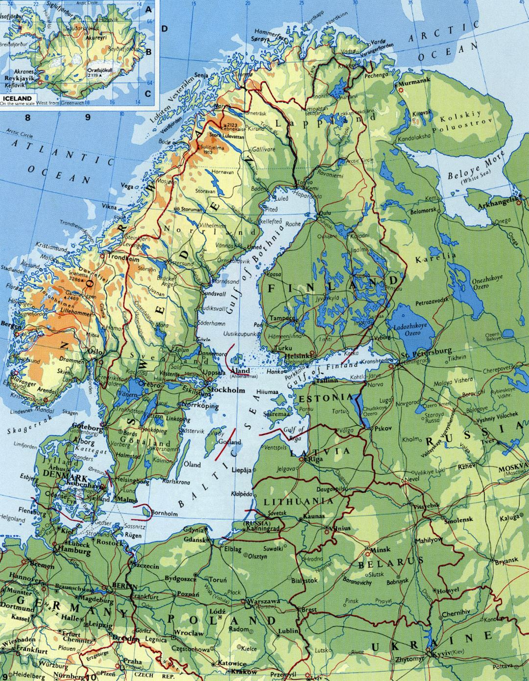 Подробная карта высот Скандинавии