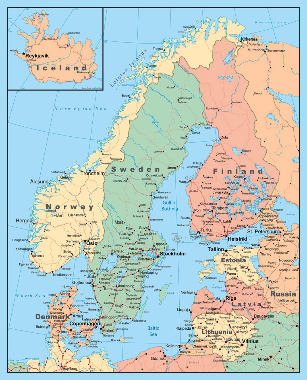 Подробная политическая карта Скандинавии