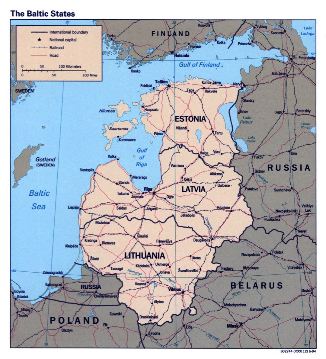 Подробная политическая карта стран Балтии - 1994