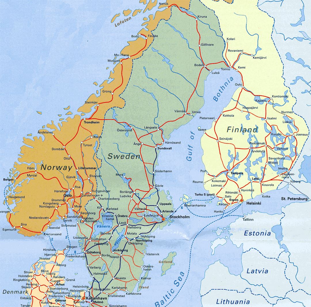 Подробная карта железных дорог Скандинавии
