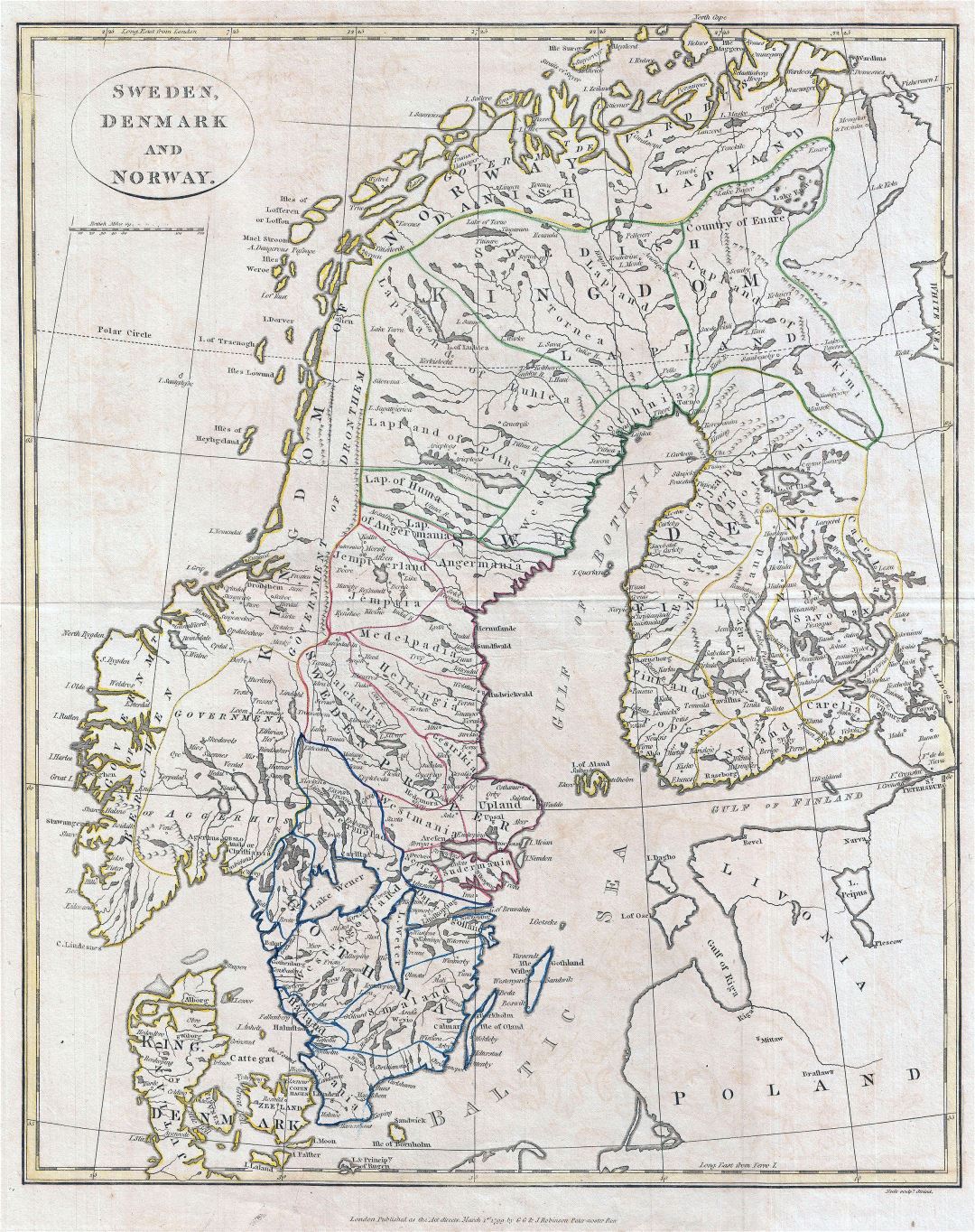 Большая подробная старая карта Скандинавского полуострова - 1799