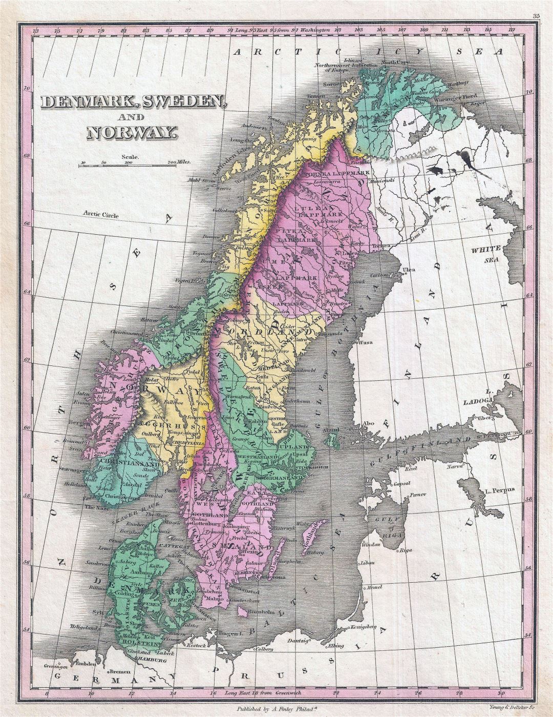 Большая подробная старая политическая карта Скандинавии - 1827
