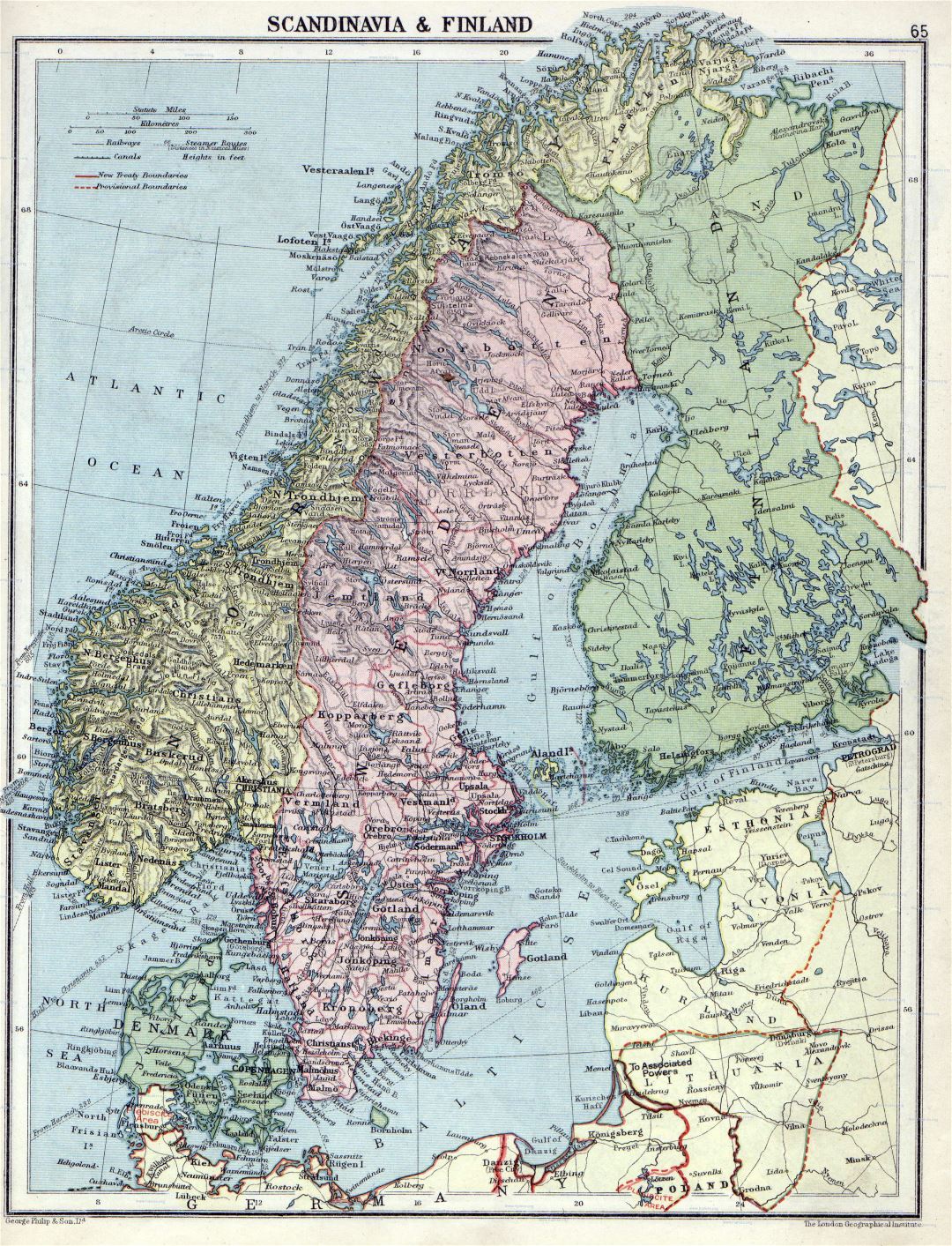 Большая подробная старая карта Скандинавии с рельефом - 1920