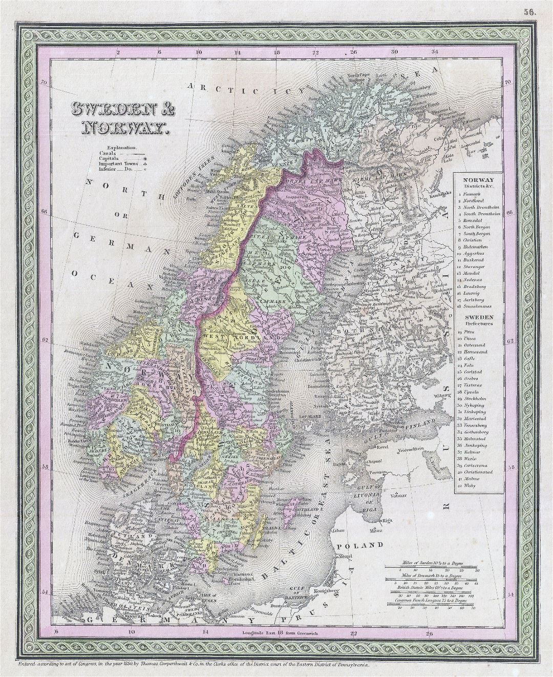 Большая детальная старая политическая карта Швеции и Норвегии - 1850