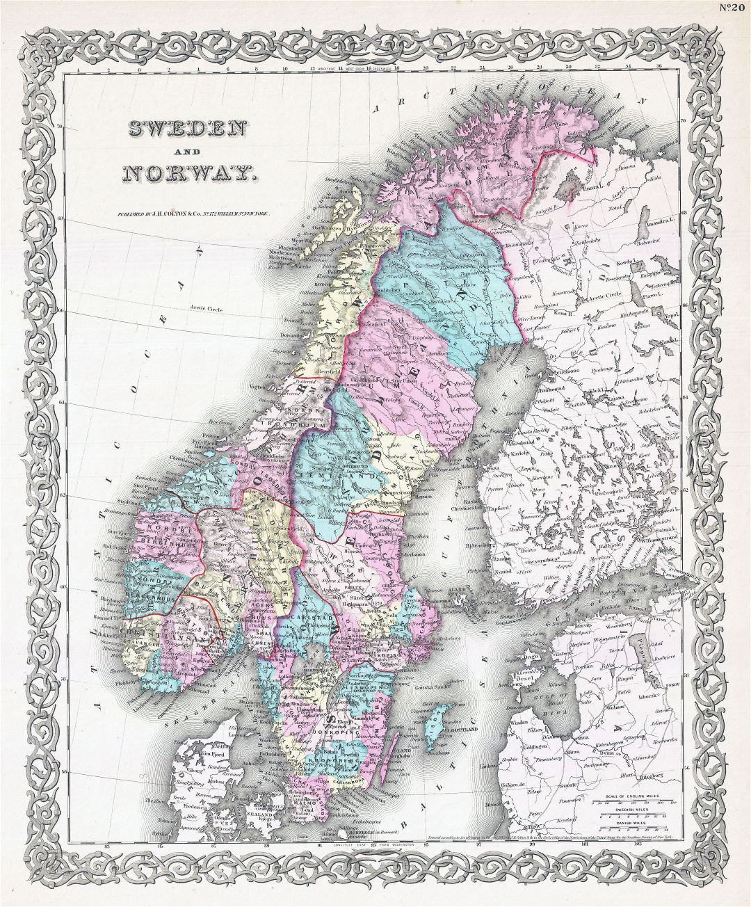 Большая подробная старая политическая карта Швеции и Норвегии с рельефом - 1855