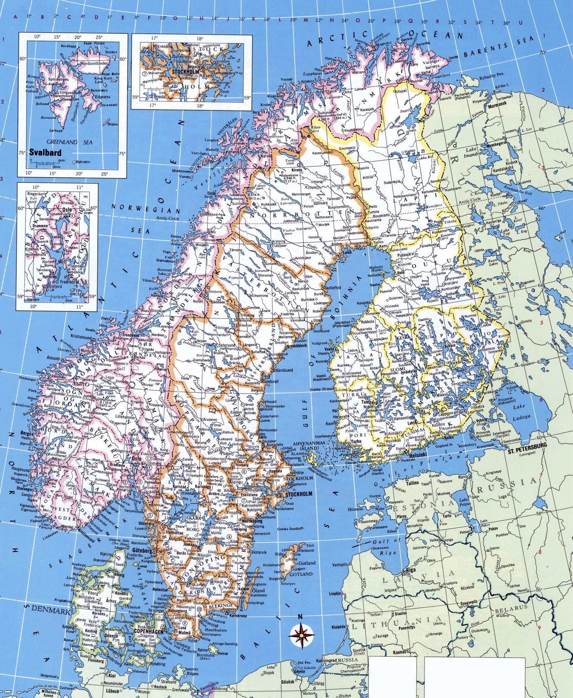 Большая подробная политическая карта Норвегии, Швеции, Финляндии и Дании