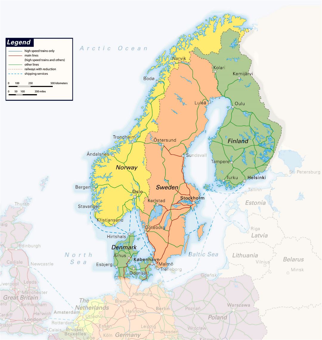 Большая подробная карта железнодорожных сообщений Скандинавии