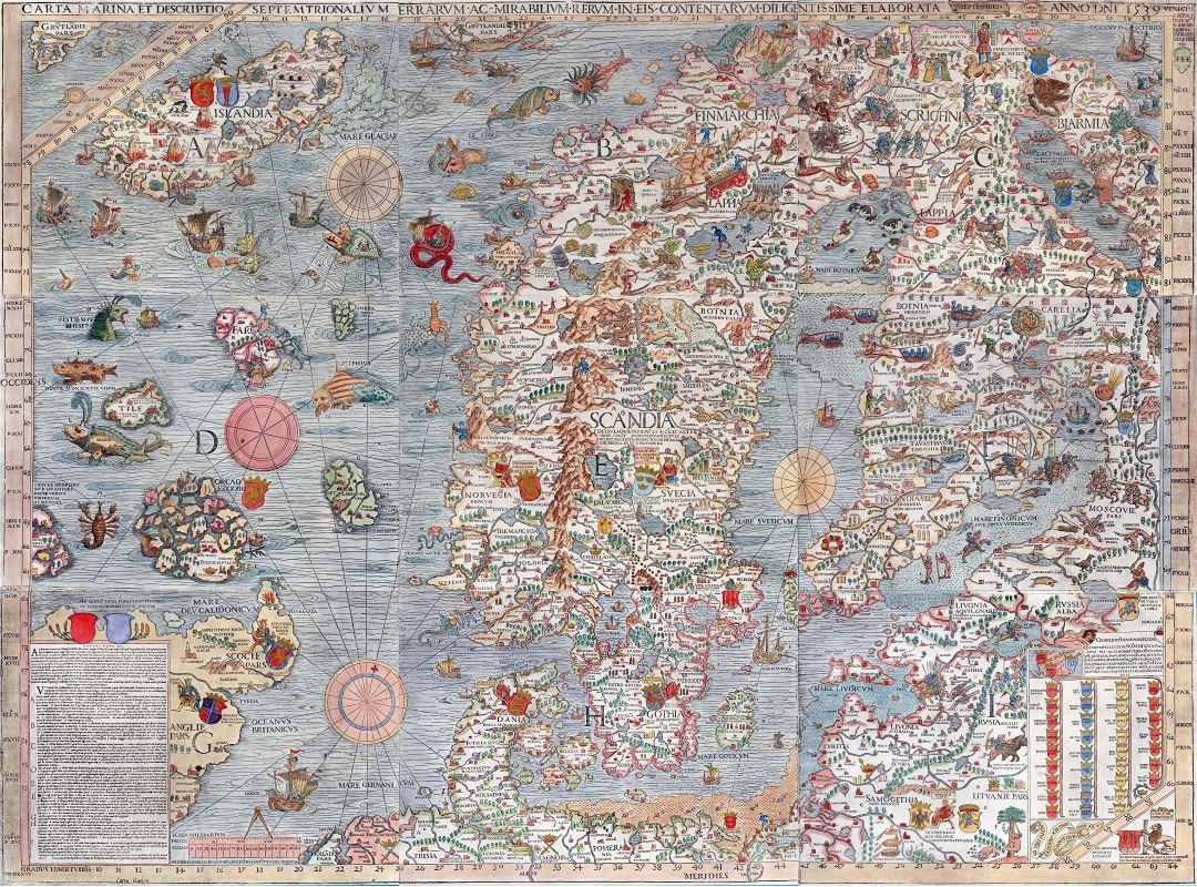 Большая старая иллюстрированная карта Скандинавии